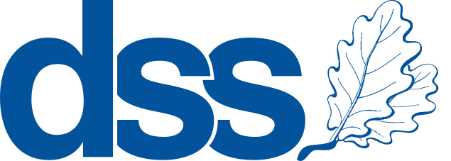 Identidad de la dirección de servicios sociales UNLP. Siglas DSS acompañadas de un pictograma de la hoja de roble. Todo en color azul.